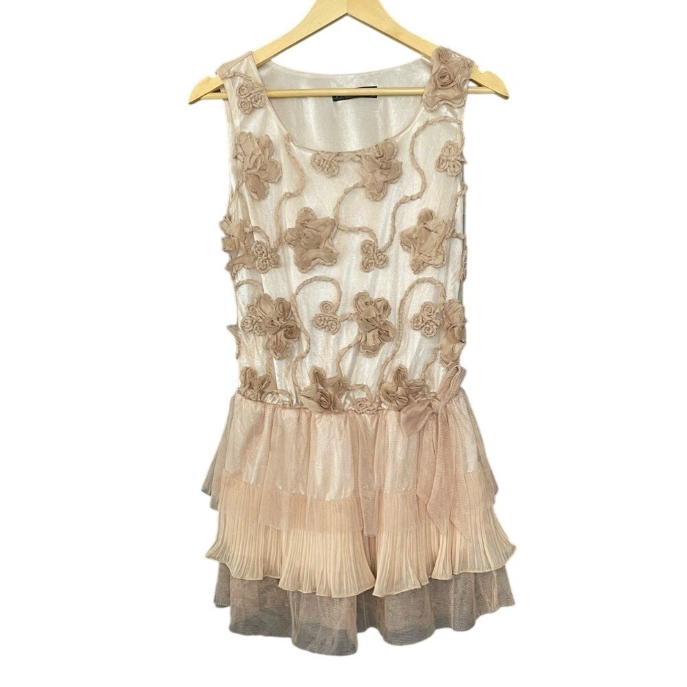Forla Paris Champagne 3D Floral Appliqué Tulle Mini Dress Size M